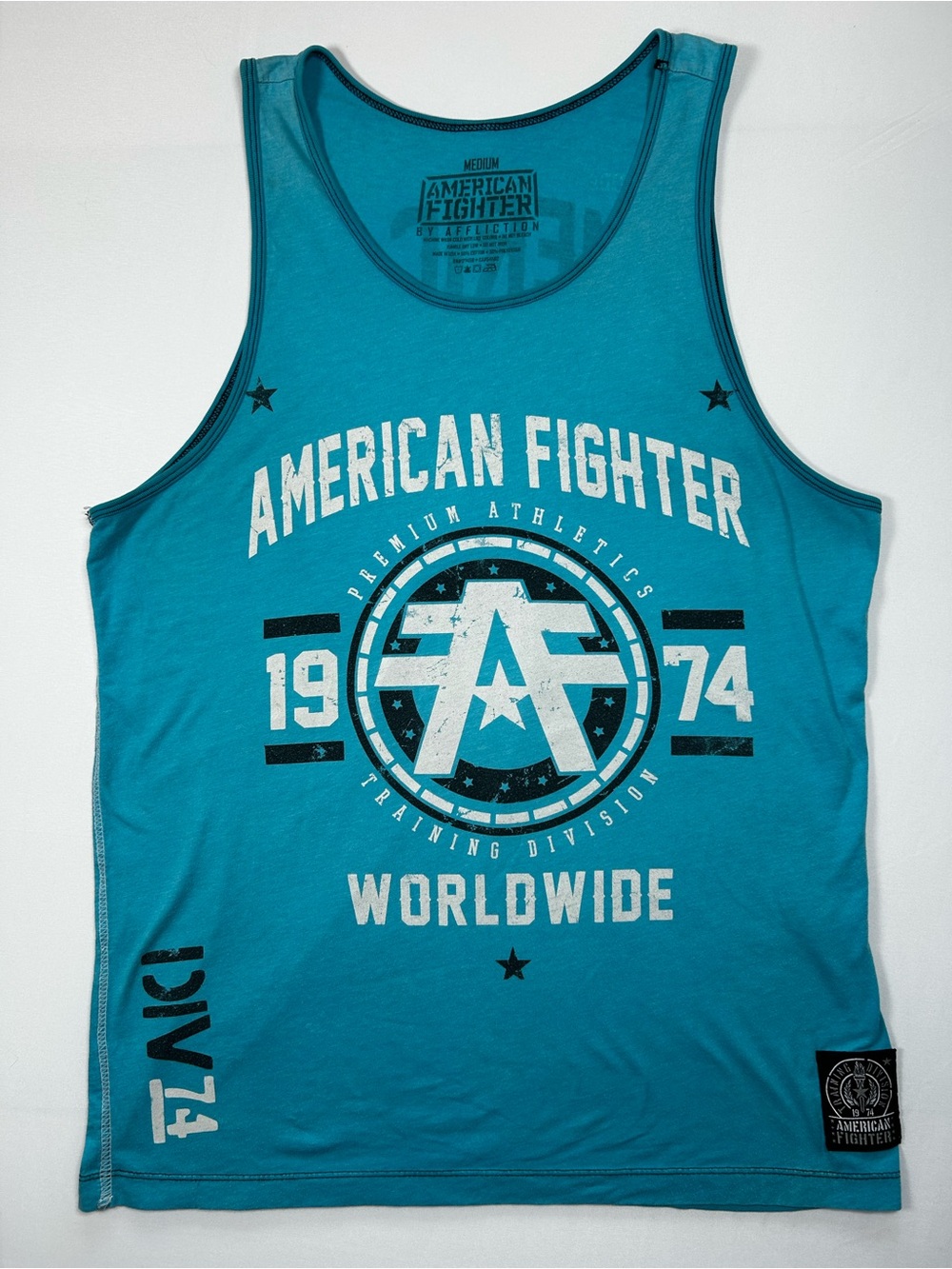 Y2K American Fighter by Affliction Men's Graphic Tank Top Teal Size Medium